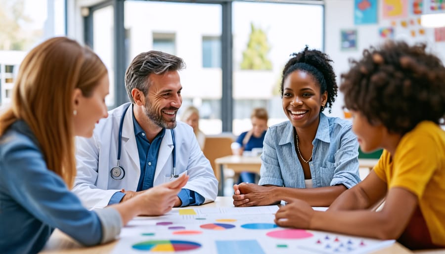 Diverse team of healthcare and educational professionals collaborating on a child's mental health care plan.