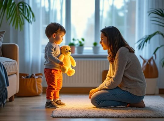 A preschool-aged child holding a plush toy tightly in a cozy living room, with a parent kneeling nearby, offering comfort and reassurance.