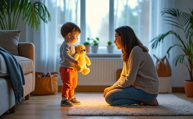 A preschool-aged child holding a plush toy tightly in a cozy living room, with a parent kneeling nearby, offering comfort and reassurance.