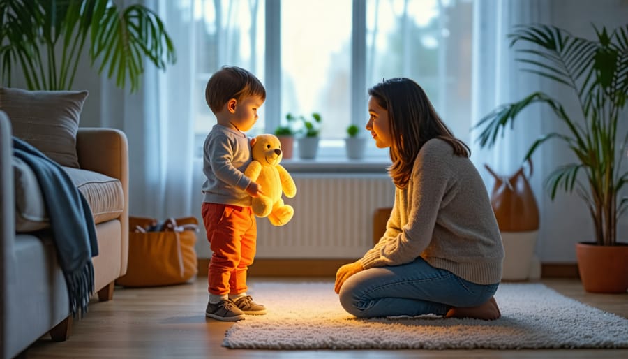 A preschool-aged child holding a plush toy tightly in a cozy living room, with a parent kneeling nearby, offering comfort and reassurance.