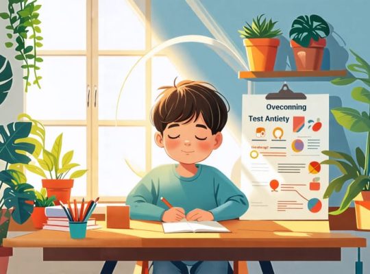 A child sitting calmly at a desk in a well-lit room, surrounded by symbols of mindfulness and learning, illustrating the concept of overcoming test anxiety through supportive strategies.