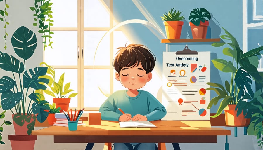 A child sitting calmly at a desk in a well-lit room, surrounded by symbols of mindfulness and learning, illustrating the concept of overcoming test anxiety through supportive strategies.