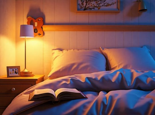 A children's bedroom with soft lighting, a book on a nightstand, and a comfortable bed, illustrating a peaceful sleep environment.