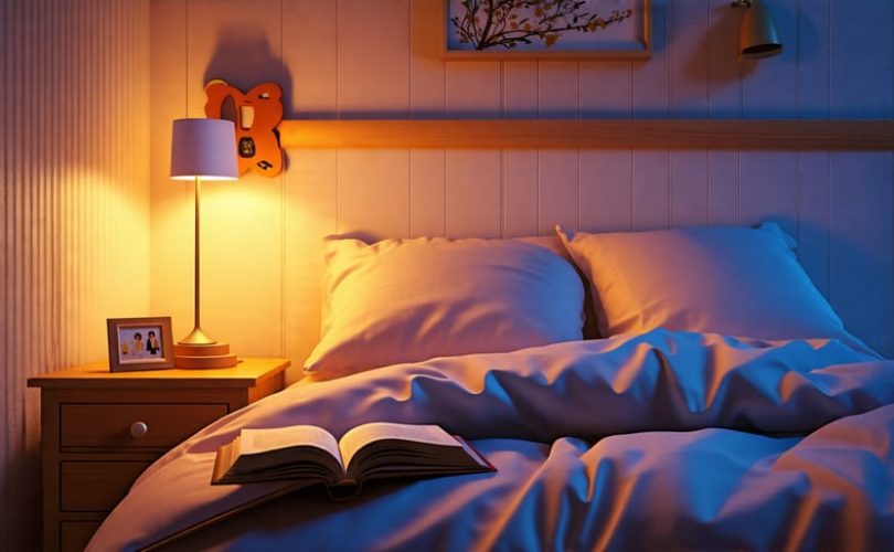 A children's bedroom with soft lighting, a book on a nightstand, and a comfortable bed, illustrating a peaceful sleep environment.