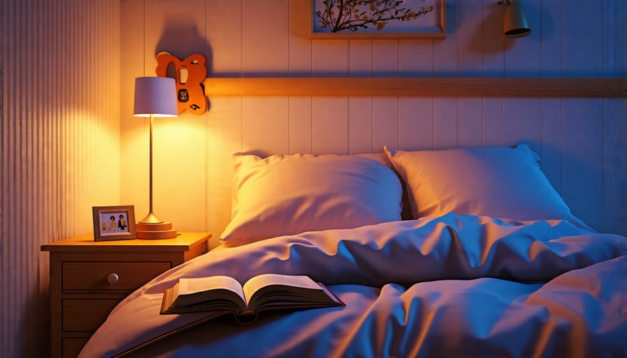 A children's bedroom with soft lighting, a book on a nightstand, and a comfortable bed, illustrating a peaceful sleep environment.