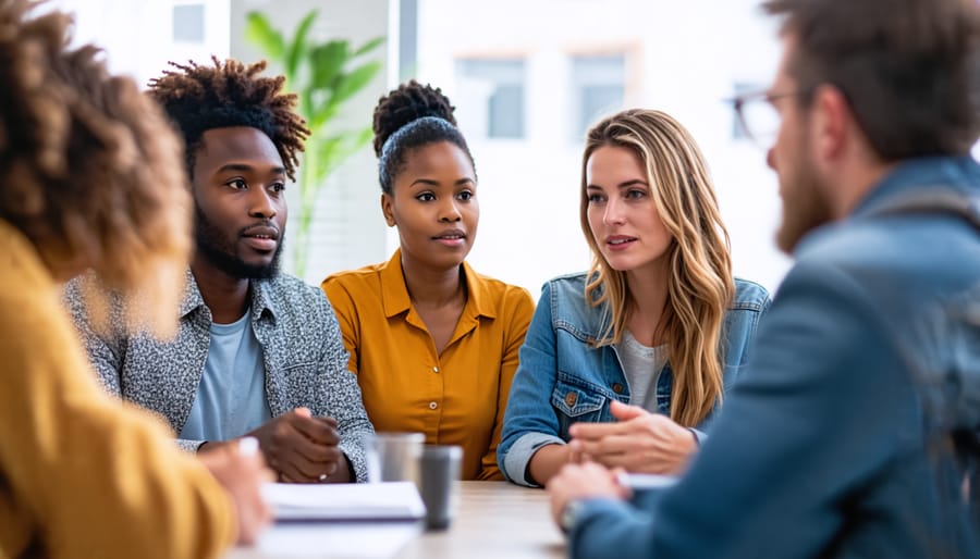 Multicultural group of adults in a mental health workshop or discussion