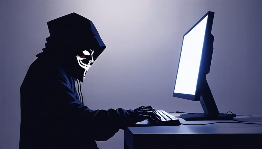 Illustration of a cyber bully typing harassing messages on a computer