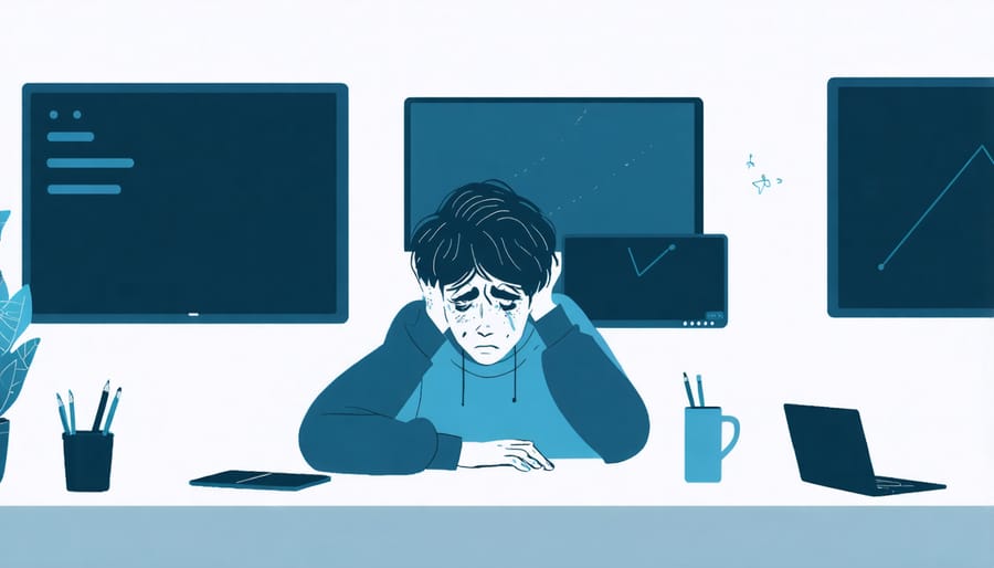 Student appearing fatigued and overwhelmed by excessive digital devices