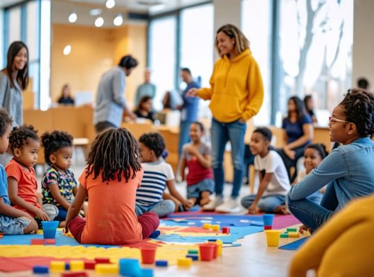 Diverse group of children, parents, and mental health professionals participating in activities and group discussions at a community support event.