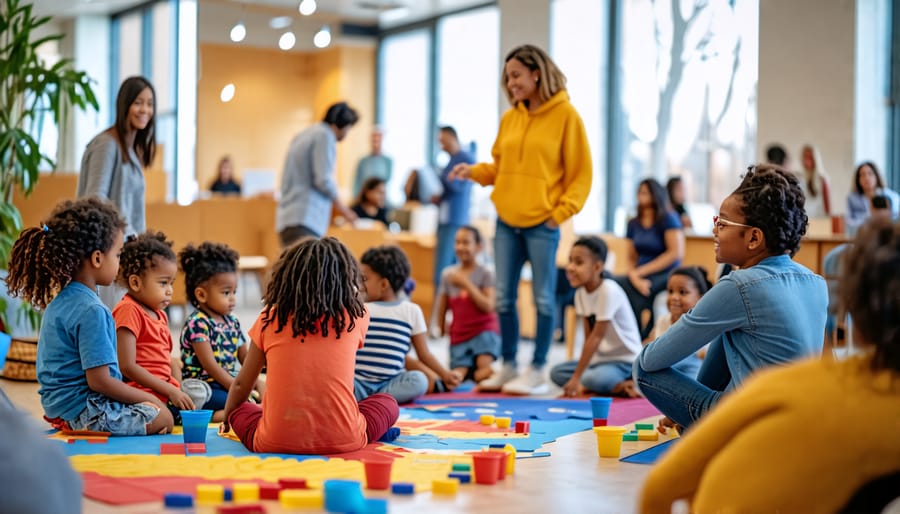 Diverse group of children, parents, and mental health professionals participating in activities and group discussions at a community support event.