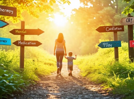 Parent guiding child along a path with signs for cognitive-behavioral therapy, play therapy, and medication, symbolizing various mental health treatment options.