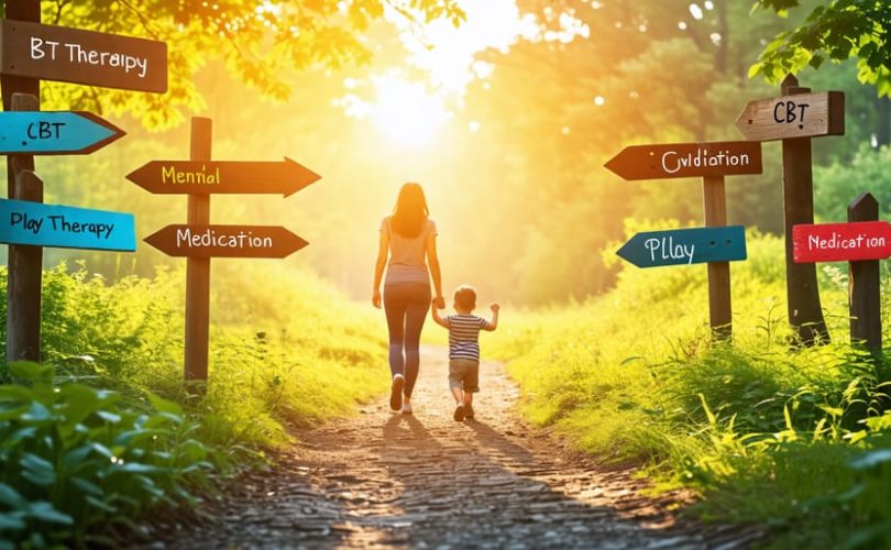 Parent guiding child along a path with signs for cognitive-behavioral therapy, play therapy, and medication, symbolizing various mental health treatment options.