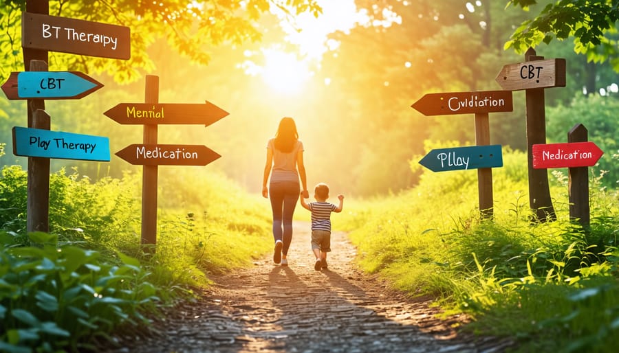 Parent guiding child along a path with signs for cognitive-behavioral therapy, play therapy, and medication, symbolizing various mental health treatment options.