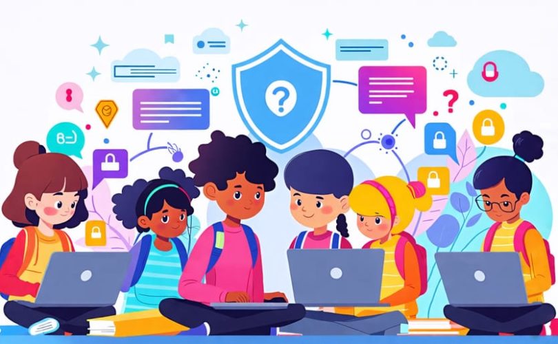 A diverse group of elementary school children using laptops and tablets in a safe online environment, supported by a digital guardian figure symbolizing cyber safety.