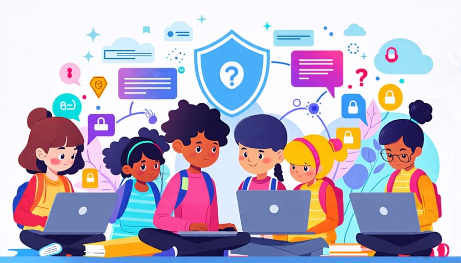 A diverse group of elementary school children using laptops and tablets in a safe online environment, supported by a digital guardian figure symbolizing cyber safety.