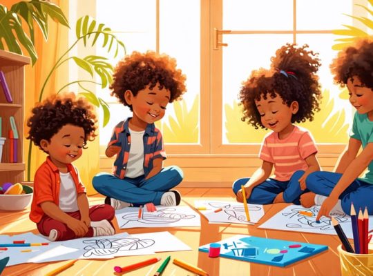 An illustration depicting children happily engaged in a 'z activity' session, showcasing diverse elements like drawing and mindful breathing that enhance their mental and emotional well-being.