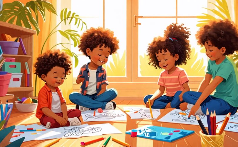 An illustration depicting children happily engaged in a 'z activity' session, showcasing diverse elements like drawing and mindful breathing that enhance their mental and emotional well-being.