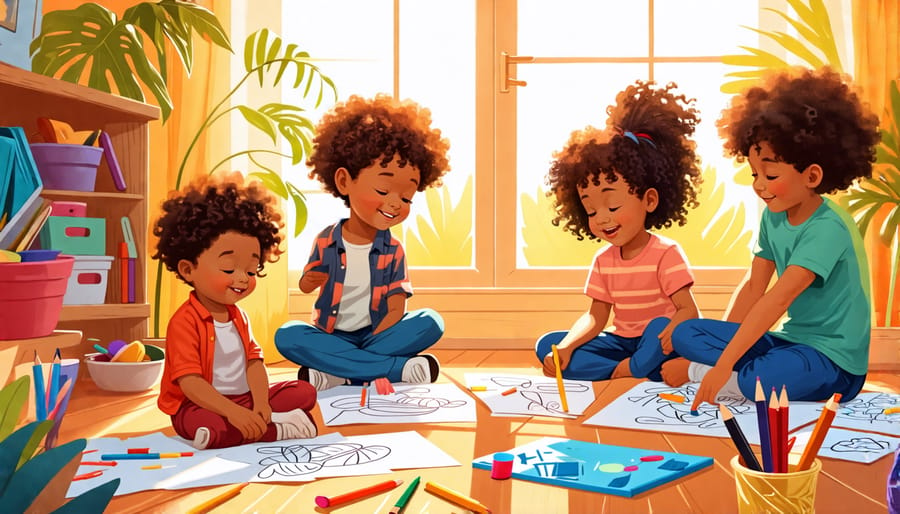 An illustration depicting children happily engaged in a 'z activity' session, showcasing diverse elements like drawing and mindful breathing that enhance their mental and emotional well-being.