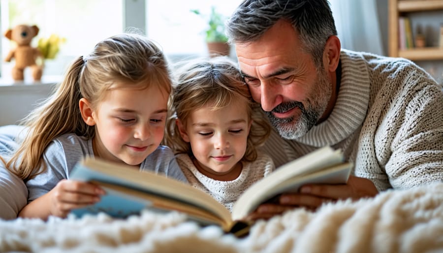 Parents and child enjoying a calming bedtime story ritual