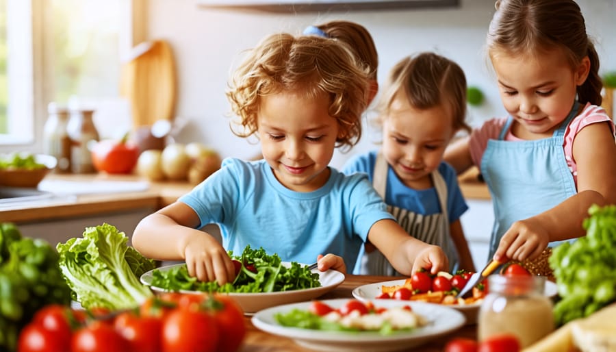 Family in a kitchen preparing a meal together, engaging children in healthy cooking