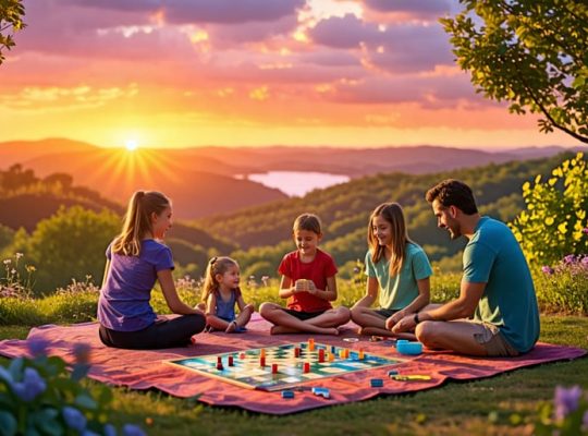 A family with children enjoying a screen-free day, playing board games, practicing yoga, and watching a sunset, surrounded by nature, embodying the 7-day mental detox theme.