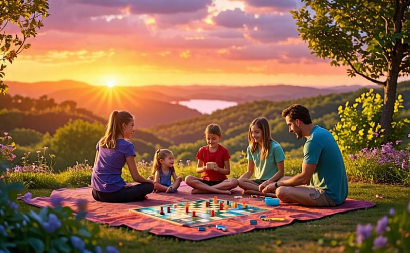 A family with children enjoying a screen-free day, playing board games, practicing yoga, and watching a sunset, surrounded by nature, embodying the 7-day mental detox theme.