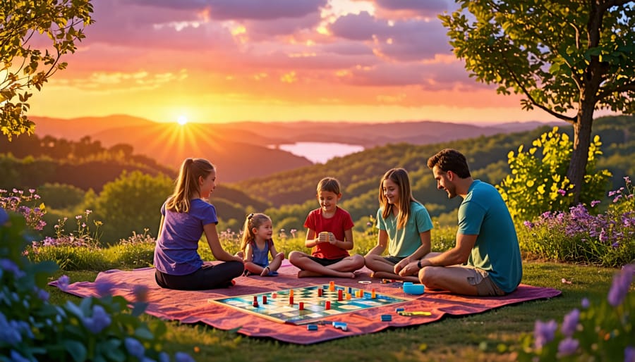 A family with children enjoying a screen-free day, playing board games, practicing yoga, and watching a sunset, surrounded by nature, embodying the 7-day mental detox theme.