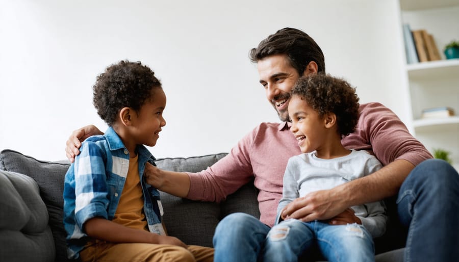 Parent and child engaging in open communication on a couch