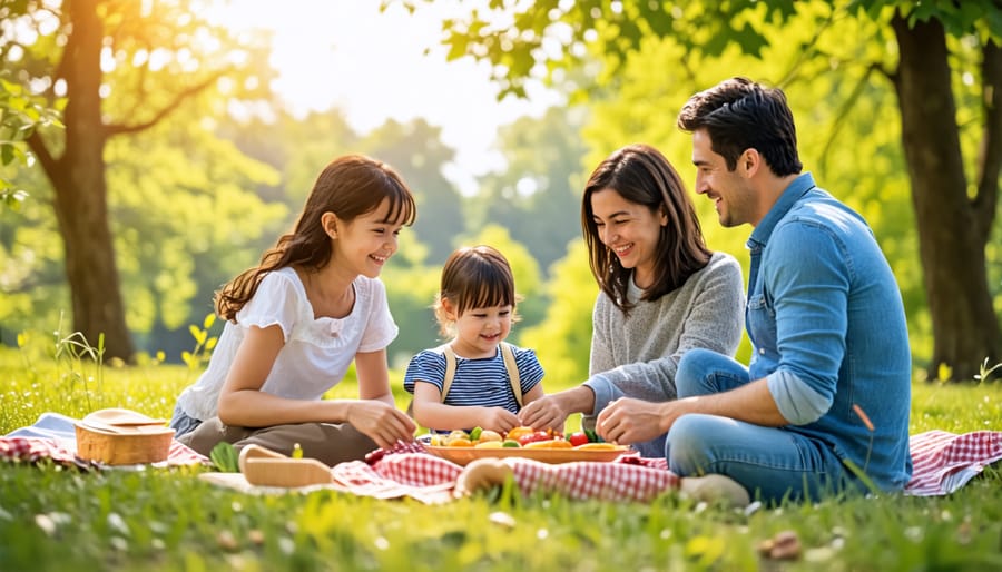 A family sitting on the grass, smiling and sharing a meal together