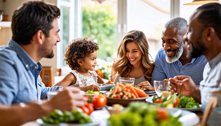 A family of four smiling and talking over a meal, signifying healthy communication and family dynamics.