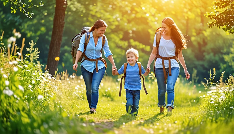 Smiling parents and children participating in screen-free bonding activities outdoors