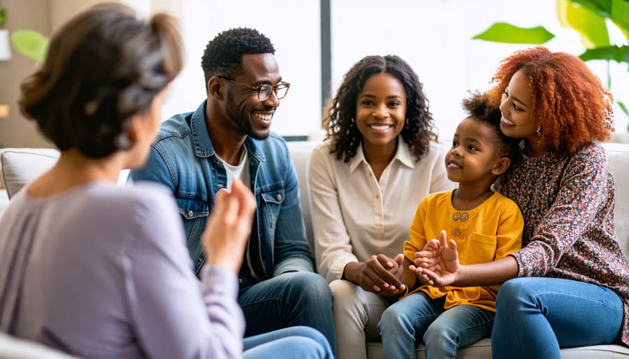 A family in consultation with a therapist, discussing family dynamics.