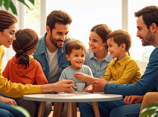 A diverse family engaging in a guided conversation with a therapist, representing the supportive and transformative environment of family therapy.