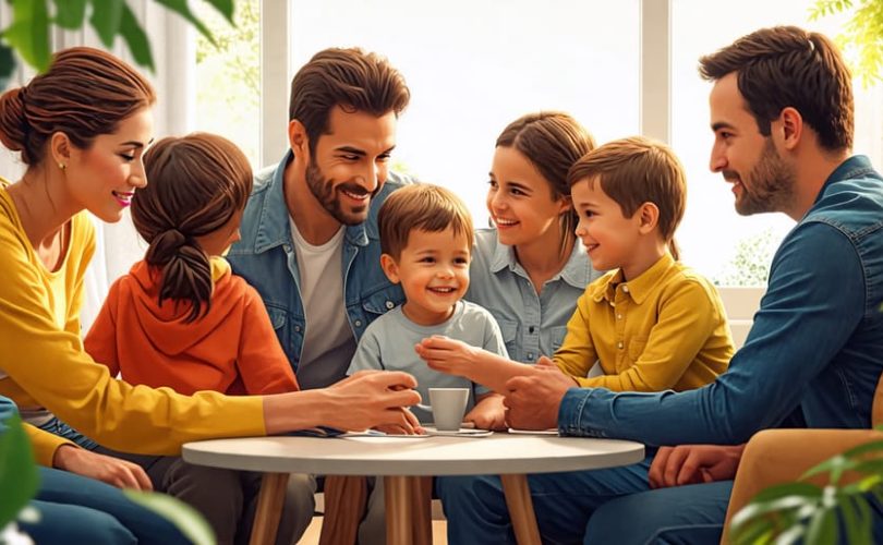 A diverse family engaging in a guided conversation with a therapist, representing the supportive and transformative environment of family therapy.