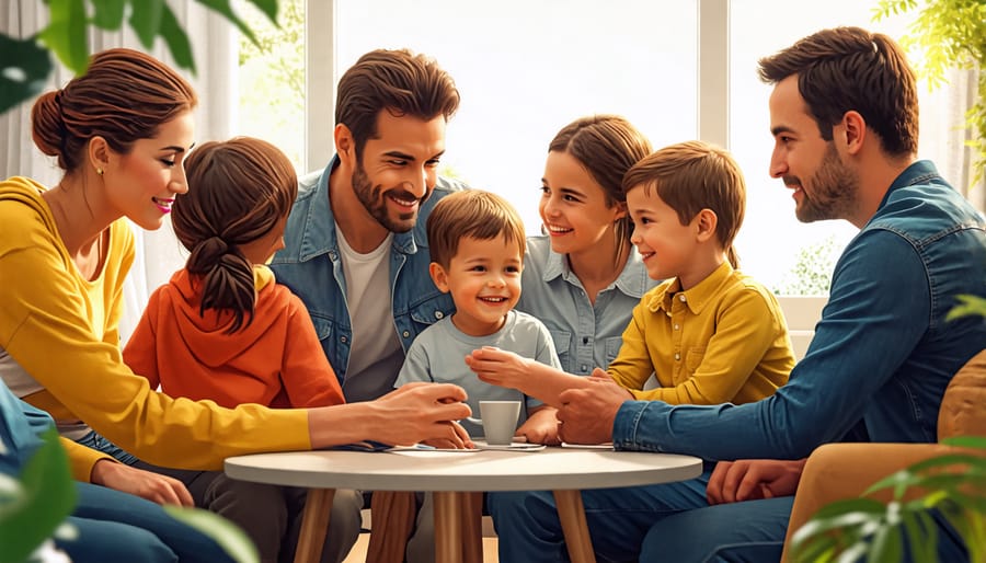 A diverse family engaging in a guided conversation with a therapist, representing the supportive and transformative environment of family therapy.