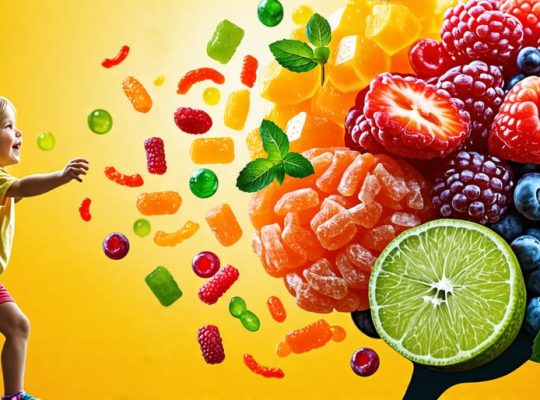 An artistic representation of freeze-dried candies and fruits symbolically enhancing a child's brain health, depicting the positive impact of nutritious snacks on mental well-being.