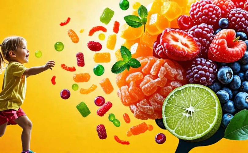 An artistic representation of freeze-dried candies and fruits symbolically enhancing a child's brain health, depicting the positive impact of nutritious snacks on mental well-being.