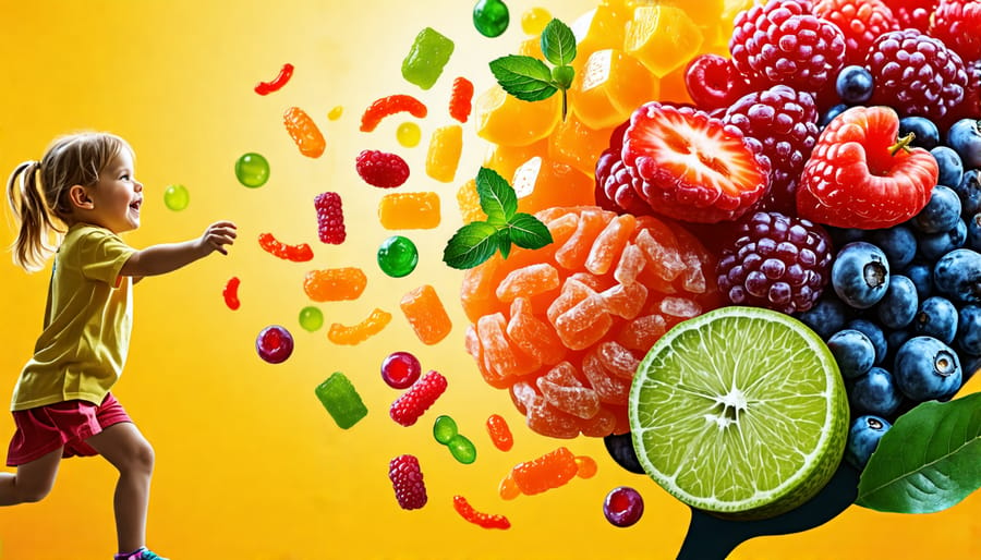 An artistic representation of freeze-dried candies and fruits symbolically enhancing a child's brain health, depicting the positive impact of nutritious snacks on mental well-being.