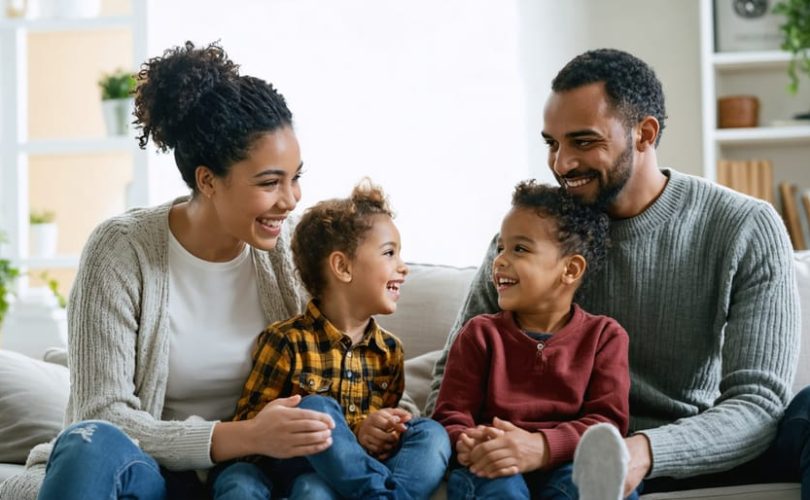 A family of diverse backgrounds engaged in open and positive communication, symbolizing healthy family dynamics and emotional well-being.