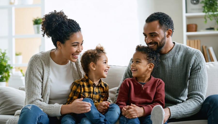 A family of diverse backgrounds engaged in open and positive communication, symbolizing healthy family dynamics and emotional well-being.