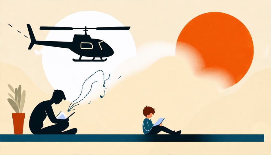 Conceptual illustration depicting helicopter parenting and its effects on a child's education