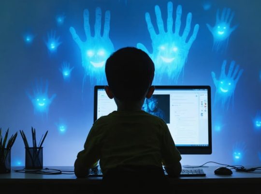 A child's silhouette at a computer, surrounded by sinister shadows representing cyberbullying, with comforting hands reaching out.