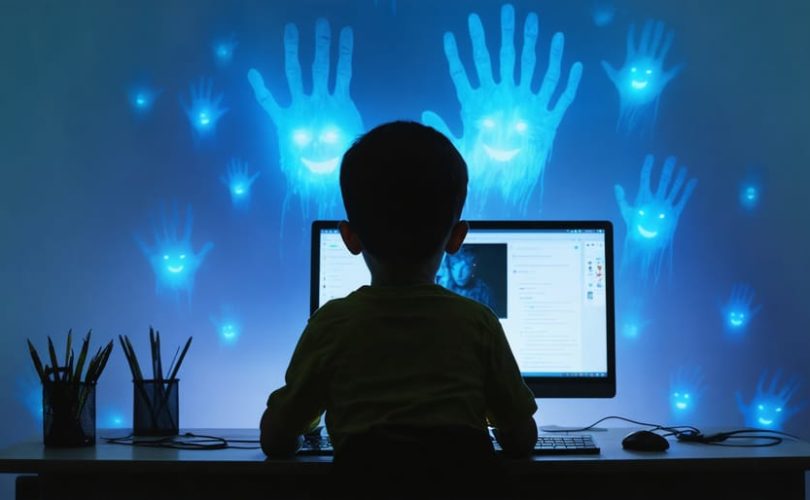 A child's silhouette at a computer, surrounded by sinister shadows representing cyberbullying, with comforting hands reaching out.