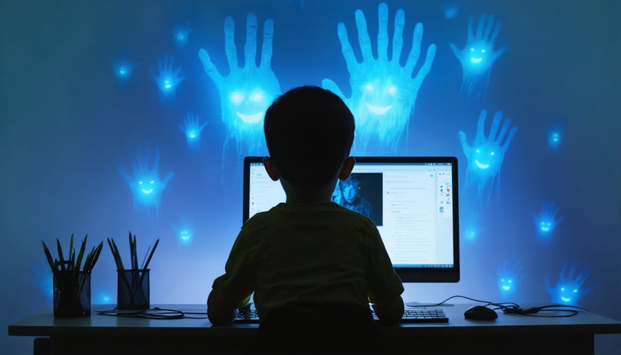 A child's silhouette at a computer, surrounded by sinister shadows representing cyberbullying, with comforting hands reaching out.