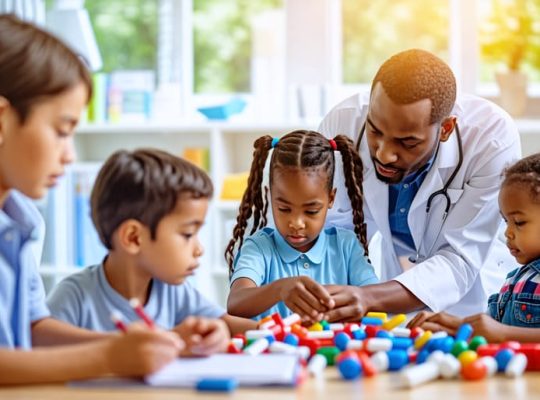 A diverse group of children receiving mental health support from professionals, depicting psychotherapy, play therapy, and medication management, with a school and family setting in the background.