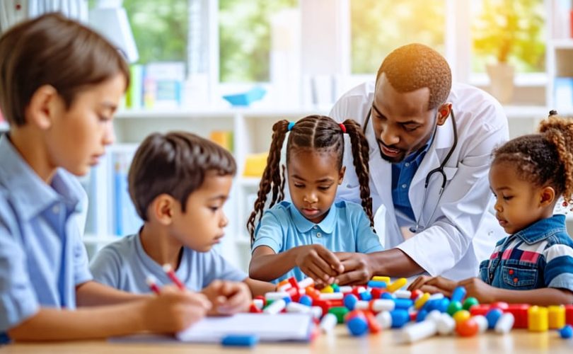 A diverse group of children receiving mental health support from professionals, depicting psychotherapy, play therapy, and medication management, with a school and family setting in the background.