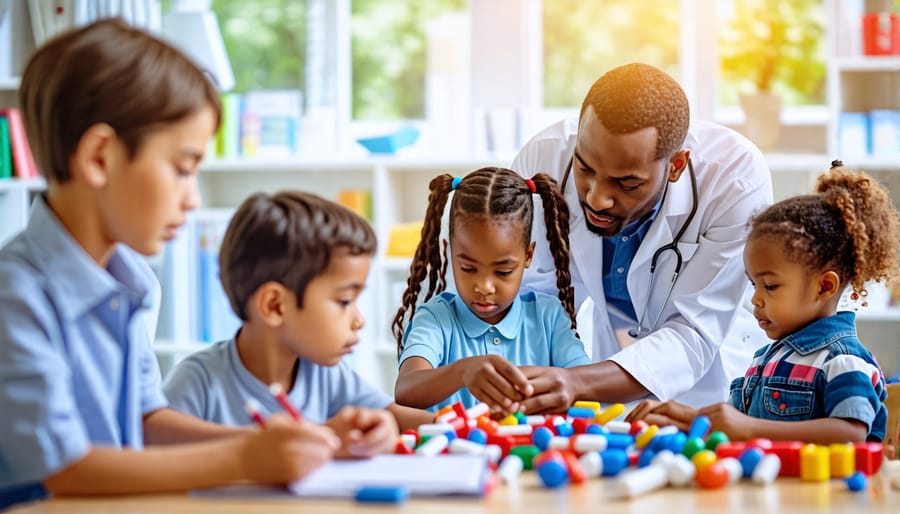 A diverse group of children receiving mental health support from professionals, depicting psychotherapy, play therapy, and medication management, with a school and family setting in the background.