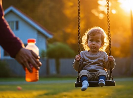 A young child sitting alone on a swing in a partially shadowed playground, with an indistinct background of an adult holding a bottle, symbolizing the impact of parental substance abuse on children's emotional well-being.