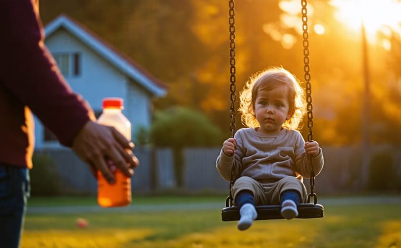 A young child sitting alone on a swing in a partially shadowed playground, with an indistinct background of an adult holding a bottle, symbolizing the impact of parental substance abuse on children's emotional well-being.