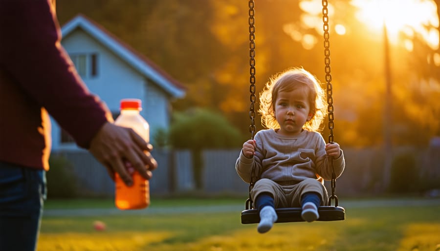 A young child sitting alone on a swing in a partially shadowed playground, with an indistinct background of an adult holding a bottle, symbolizing the impact of parental substance abuse on children's emotional well-being.